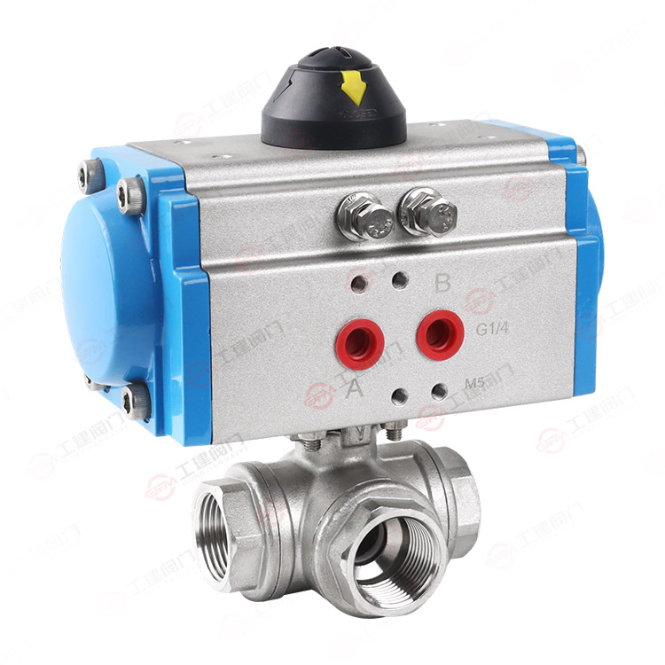 Pneumatic three-way threaded ball valve